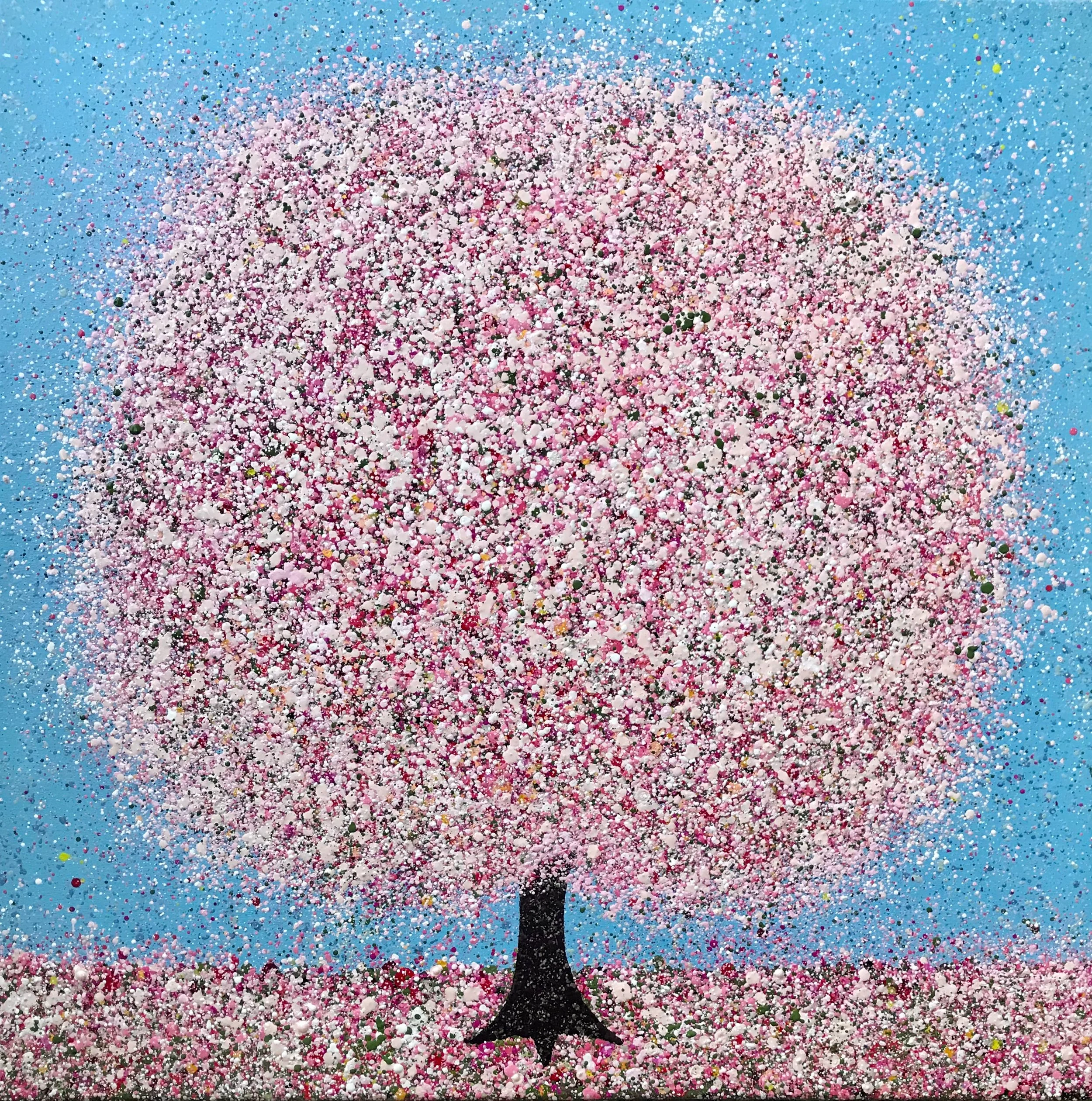 Bill、Rhythm in Four Squares、希少画集画、新品額付 Hand embellished Cherry Blossom canvas print, 80x80cm framed in